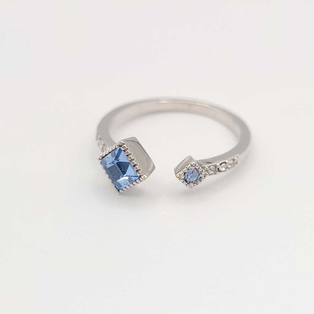 Adjustable Silver Tone Ring Blue Stone Open Band Minimalist